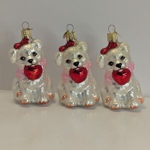 Lot of 3 Old World Christmas OWC White Dog Ornaments Love Heart Valentine Day